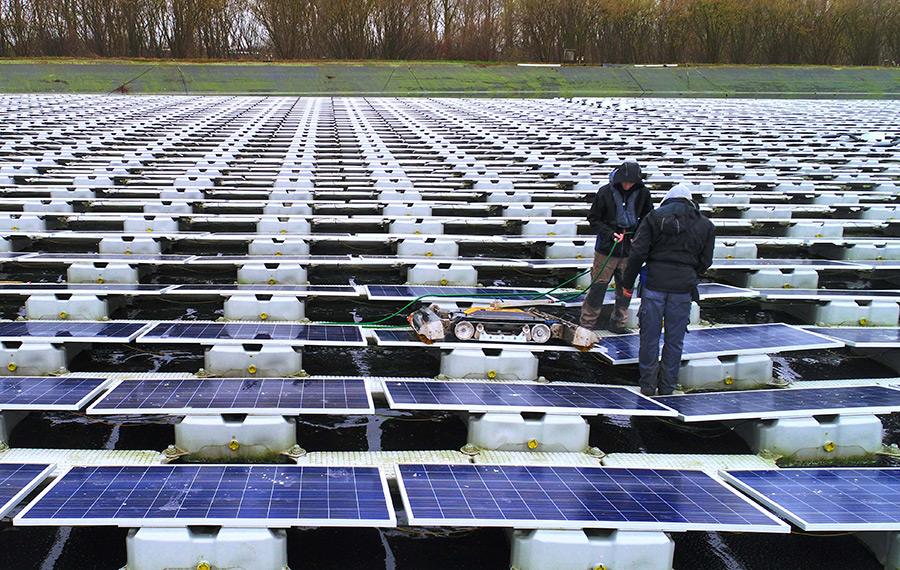floating solar panel cleaning with SolarCleano robot